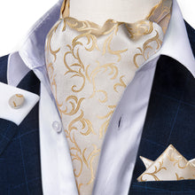 Champagne Golden Floral Silk Cravat Woven Ascot Tie Pocket Square Handkerchief Suit Set