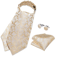 Champagne Golden Floral Silk Cravat Woven Ascot Tie Pocket Square Handkerchief Suit Set