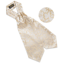 Champagne Golden Floral Silk Cravat Woven Ascot Tie Pocket Square Handkerchief Suit Set