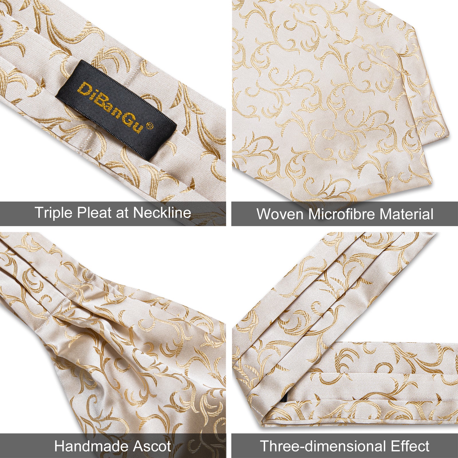 Champagne Golden Floral Silk Cravat Woven Ascot Tie Pocket Square Handkerchief Suit Set