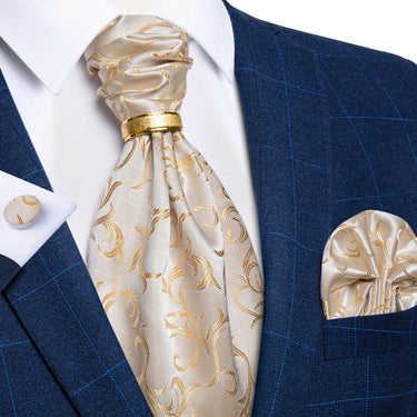 Champagne Golden Floral Silk Cravat Woven Ascot Tie Pocket Square Cufflinks With Tie Ring Set
