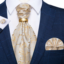Champagne Golden Floral Silk Cravat Woven Ascot Tie Pocket Square Cufflinks With Tie Ring Set