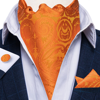 Orange Floral Silk Cravat Woven Ascot Tie Pocket Square Handkerchief Suit Set