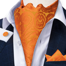 Orange Floral Silk Cravat Woven Ascot Tie Pocket Square Handkerchief Suit Set
