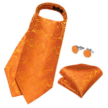 Orange Floral Silk Cravat Woven Ascot Tie Pocket Square Handkerchief Suit Set