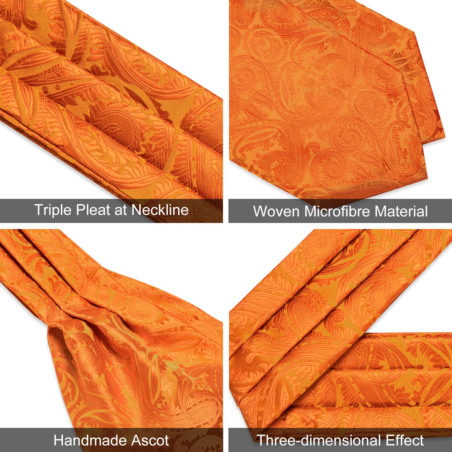 Orange Floral Silk Cravat Woven Ascot Tie Pocket Square Handkerchief Suit Set