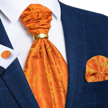 Orange Floral Silk Cravat Woven Ascot Tie Pocket Square Cufflinks With Tie Ring Set