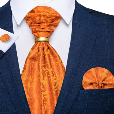 Orange Floral Silk Cravat Woven Ascot Tie Pocket Square Cufflinks With Tie Ring Set