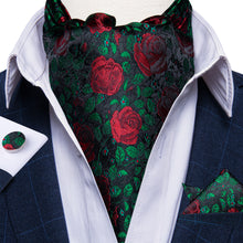 Green Red Floral Silk Cravat Woven Ascot Tie Pocket Square Handkerchief Suit Set