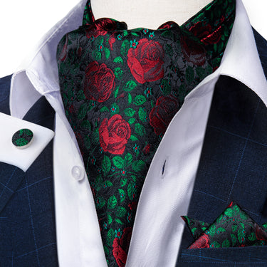 Green Red Floral Silk Cravat Woven Ascot Tie Pocket Square Handkerchief Suit Set