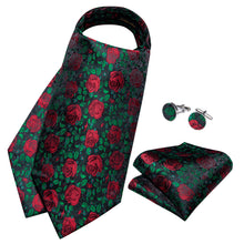 Green Red Floral Silk Cravat Woven Ascot Tie Pocket Square Handkerchief Suit Set