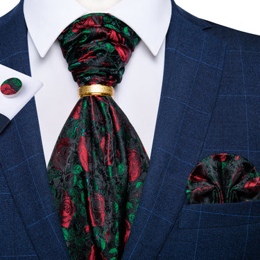 Green Red Floral Silk Cravat Woven Ascot Tie Pocket Square Cufflinks With Tie Ring Set