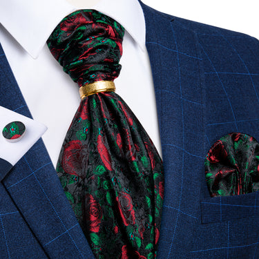 Green Red Floral Silk Cravat Woven Ascot Tie Pocket Square Cufflinks With Tie Ring Set