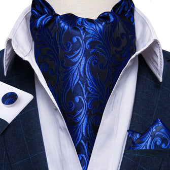 Blue Floral Silk Cravat Woven Ascot Tie Pocket Square Handkerchief Suit Set