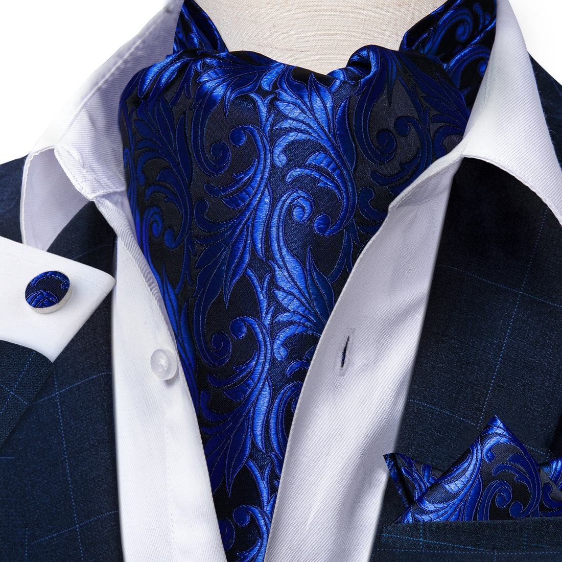 Blue Floral Silk Cravat Woven Ascot Tie Pocket Square Handkerchief Suit Set