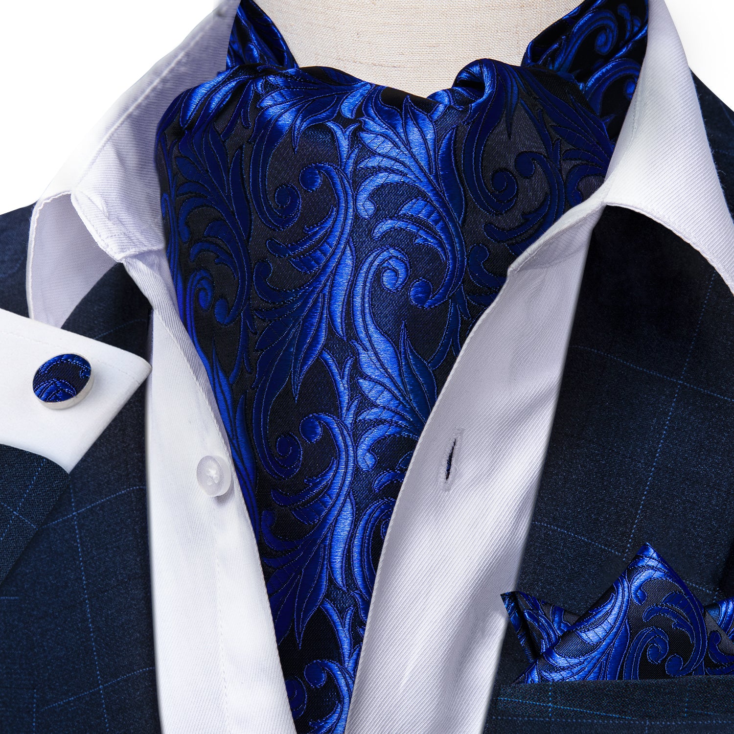 Blue Floral Silk Cravat Woven Ascot Tie Pocket Square Handkerchief Suit Set