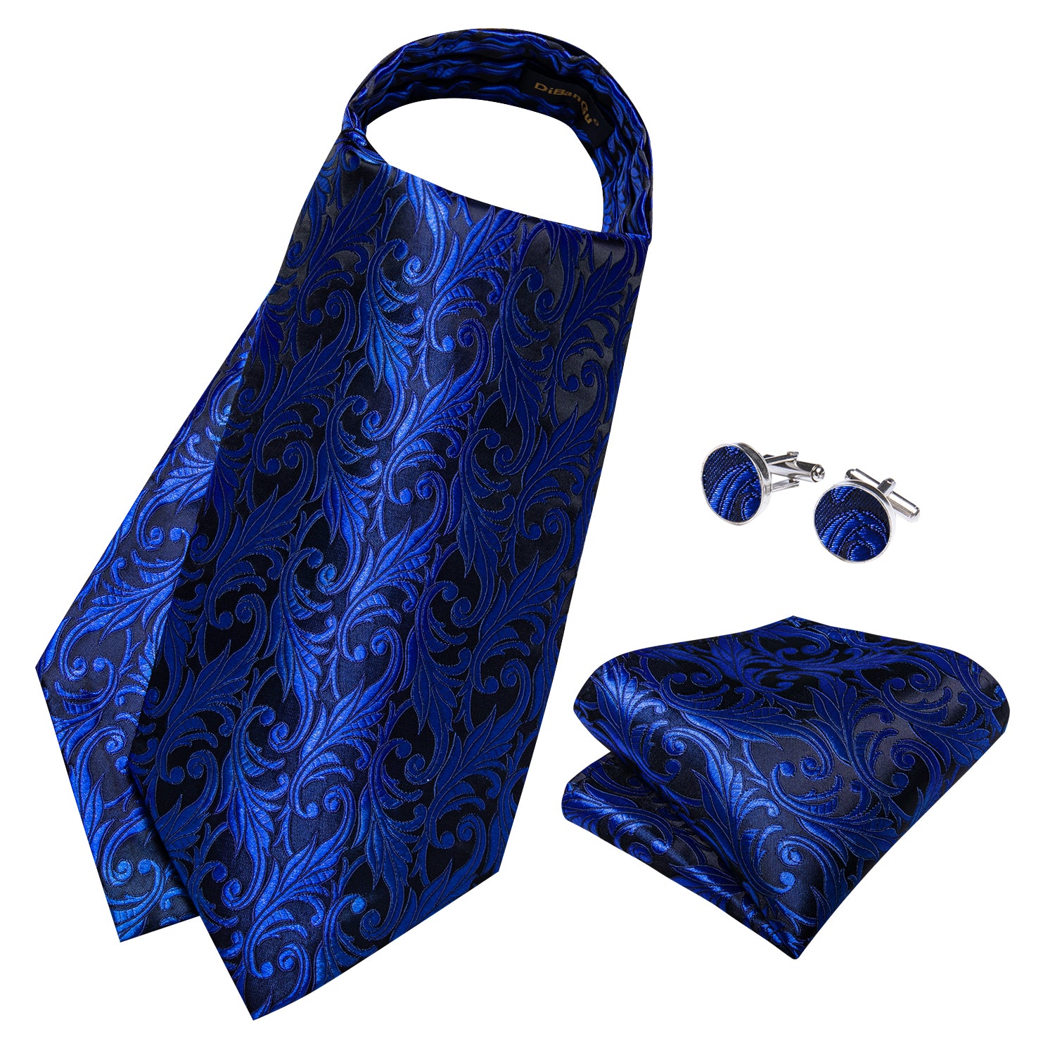 Blue Floral Silk Cravat Woven Ascot Tie Pocket Square Handkerchief Suit Set
