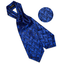 Blue Floral Silk Cravat Woven Ascot Tie Pocket Square Handkerchief Suit Set