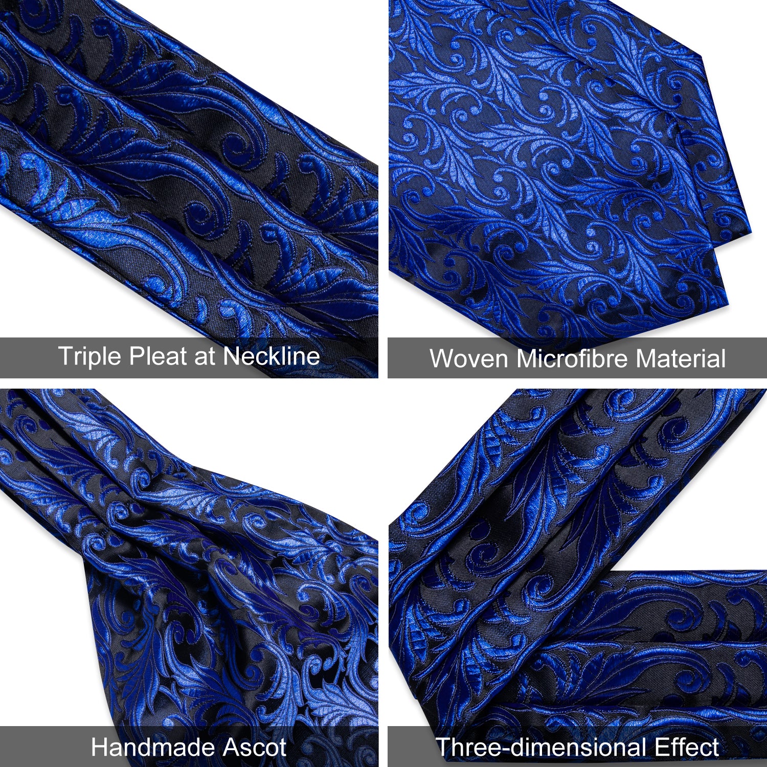 Blue Floral Silk Cravat Woven Ascot Tie Pocket Square Handkerchief Suit Set