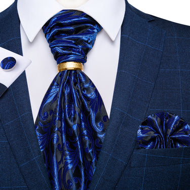 Blue Floral Silk Cravat Woven Ascot Tie Pocket Square Cufflinks With Tie Ring Set
