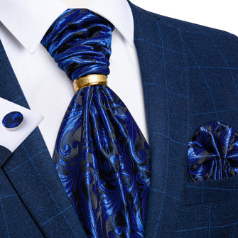 Blue Floral Silk Cravat Woven Ascot Tie Pocket Square Cufflinks With Tie Ring Set