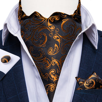 Black Golden Floral Silk Cravat Woven Ascot Tie Pocket Square Handkerchief Suit Set