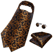 Black Golden Floral Silk Cravat Woven Ascot Tie Pocket Square Handkerchief Suit Set