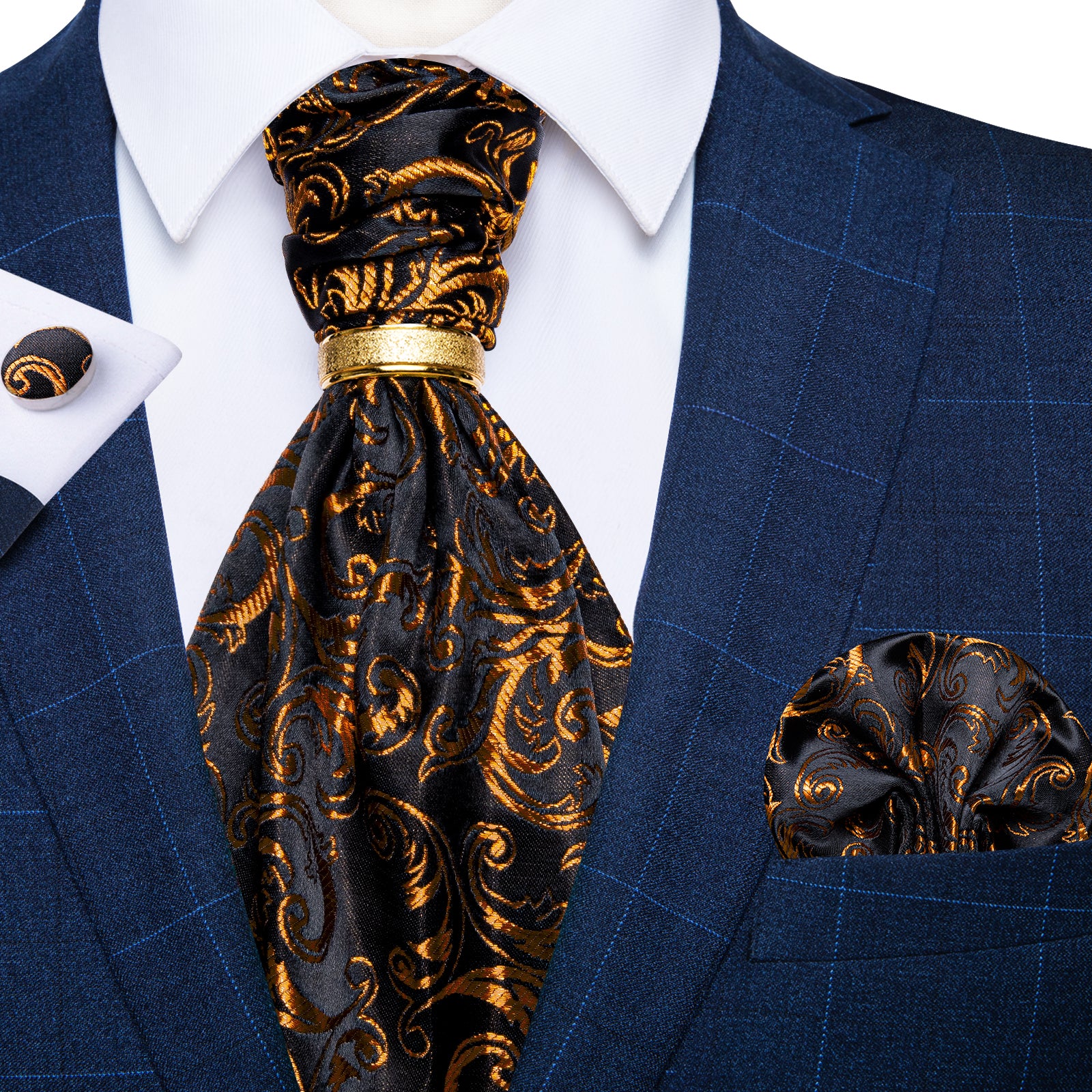 Black Golden Floral Silk Cravat Woven Ascot Tie Pocket Square Cufflinks With Tie Ring Set