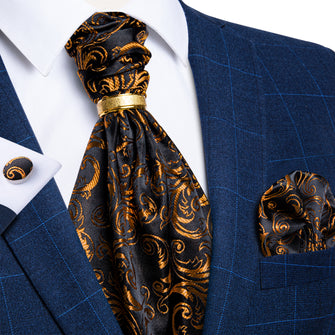 Black Golden Floral Silk Cravat Woven Ascot Tie Pocket Square Cufflinks With Tie Ring Set