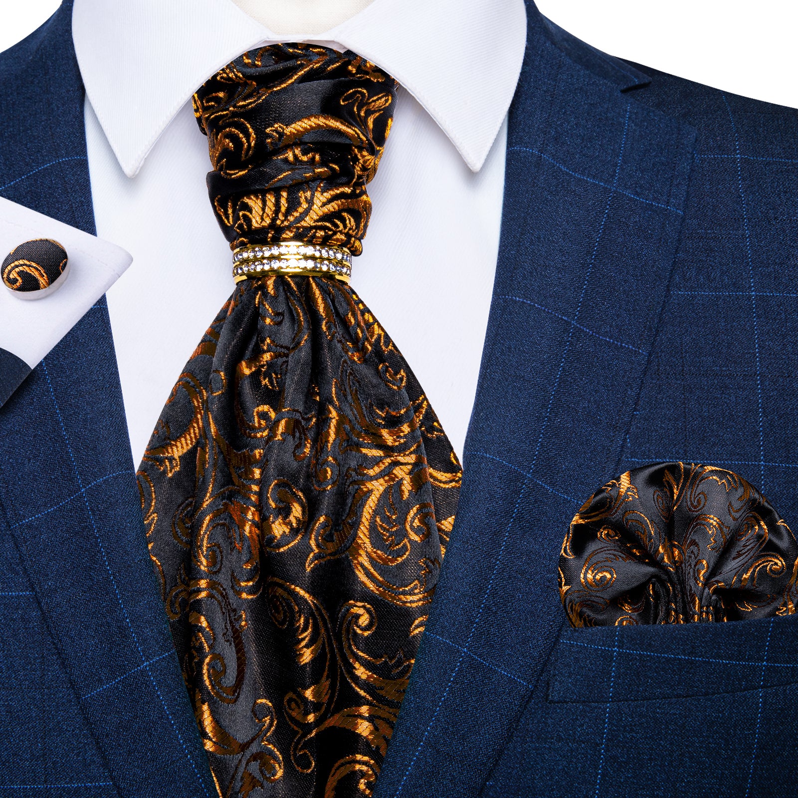 Black Golden Floral Silk Cravat Woven Ascot Tie Pocket Square Cufflinks With Tie Ring Set