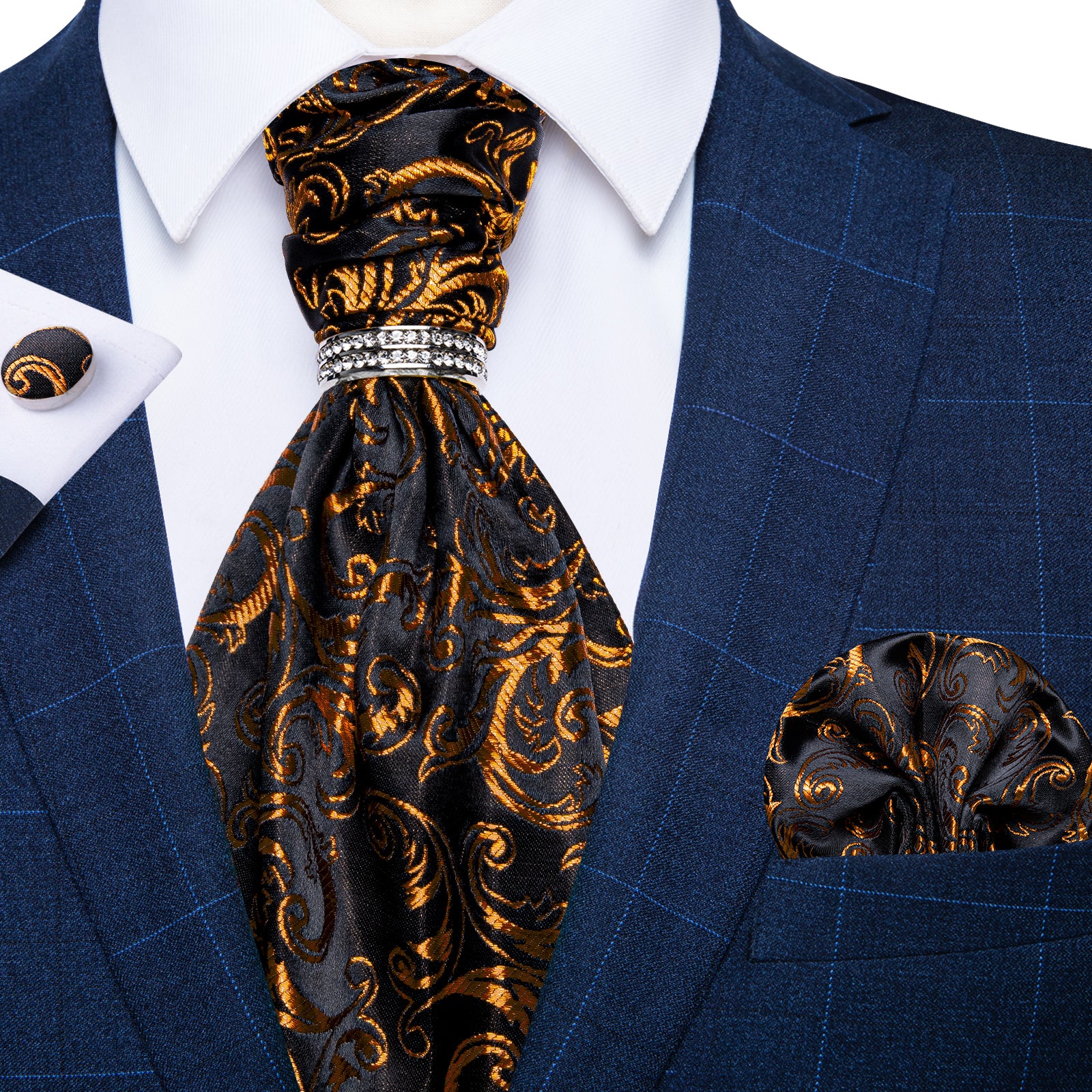 Black Golden Floral Silk Cravat Woven Ascot Tie Pocket Square Cufflinks With Tie Ring Set
