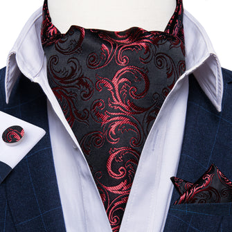 Black Red Floral Silk Cravat Woven Ascot Tie Pocket Square Handkerchief Suit Set