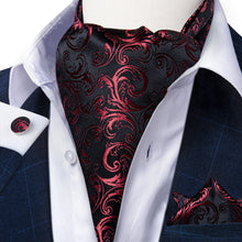 Black Red Floral Silk Cravat Woven Ascot Tie Pocket Square Handkerchief Suit Set