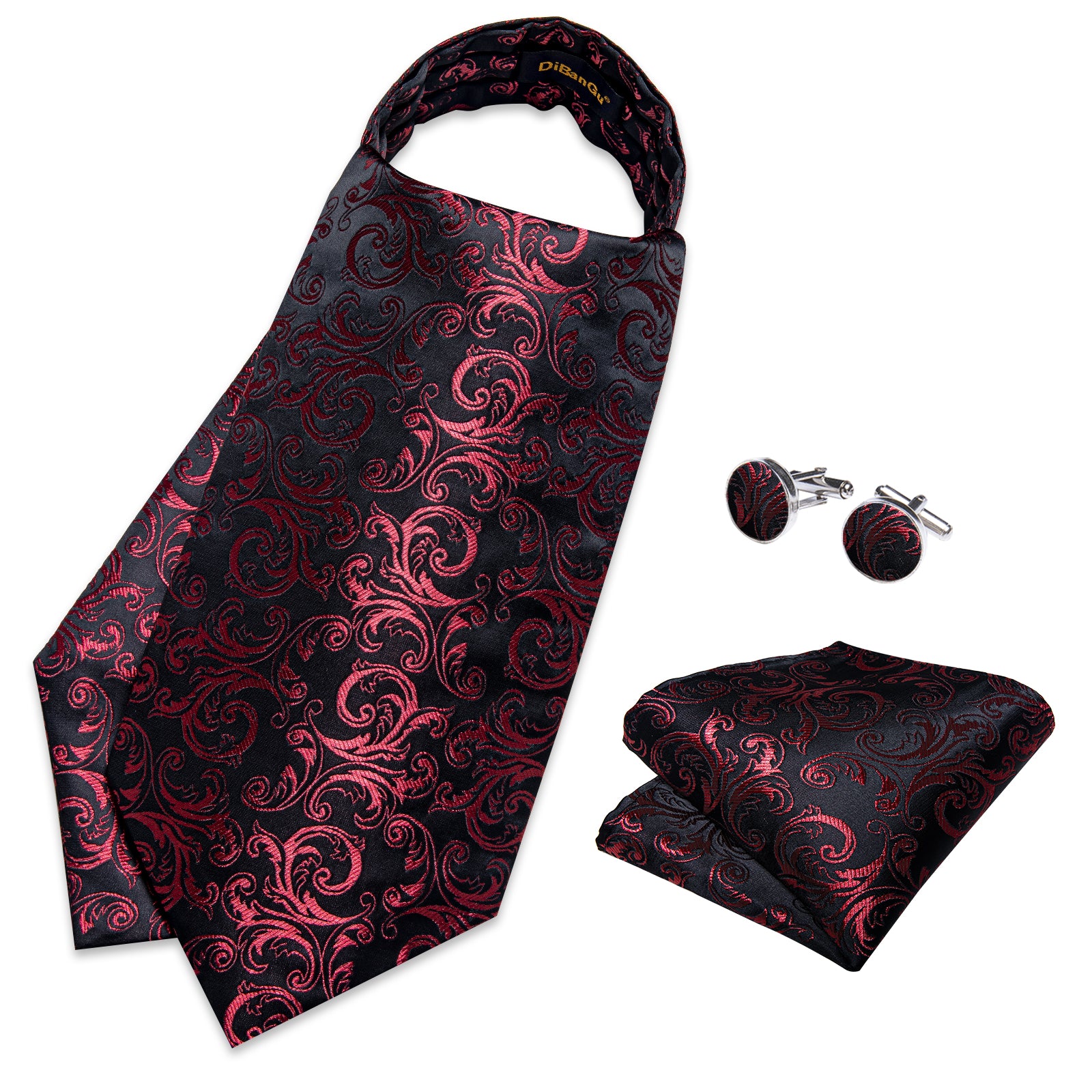 Black Red Floral Silk Cravat Woven Ascot Tie Pocket Square Handkerchief Suit Set