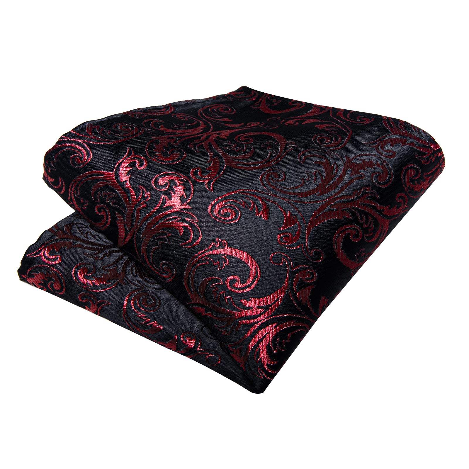 Black Red Floral Silk Cravat Woven Ascot Tie Pocket Square Handkerchief Suit Set