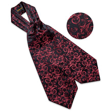Black Red Floral Silk Cravat Woven Ascot Tie Pocket Square Handkerchief Suit Set