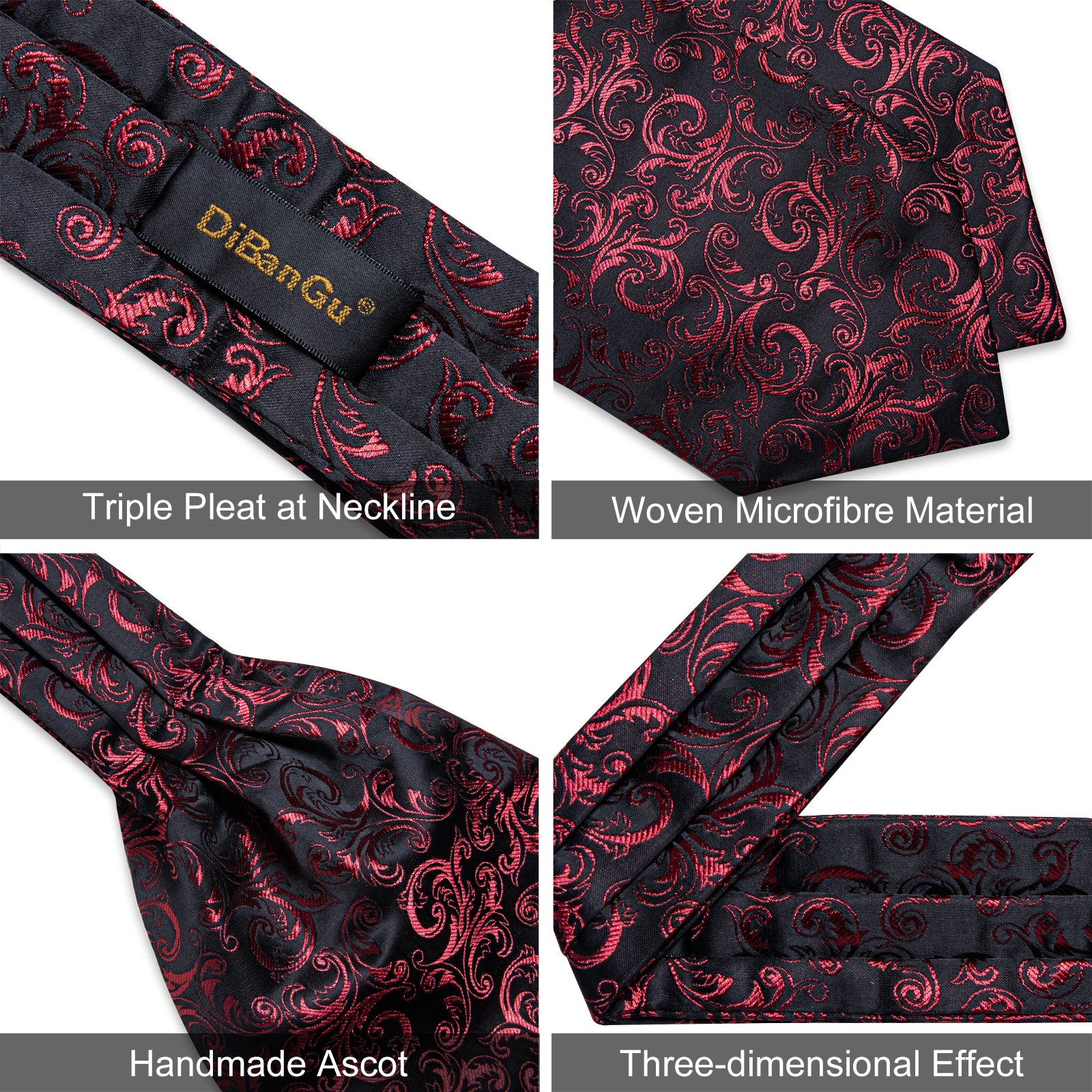 Black Red Floral Silk Cravat Woven Ascot Tie Pocket Square Handkerchief Suit Set