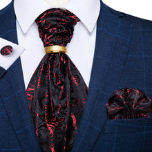 Black Red Floral Silk Cravat Woven Ascot Tie Pocket Square Cufflinks With Tie Ring Set