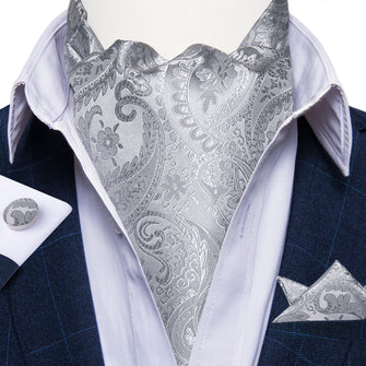 Silver Paisley Silk Cravat Woven Ascot Tie Pocket Square Handkerchief Suit Set