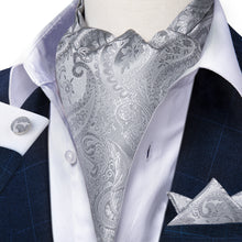 Silver Paisley Silk Cravat Woven Ascot Tie Pocket Square Handkerchief Suit Set