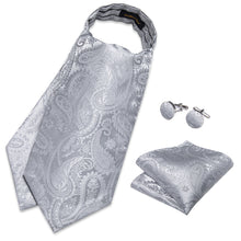 Silver Paisley Silk Cravat Woven Ascot Tie Pocket Square Handkerchief Suit Set