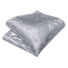 Silver Paisley Silk Cravat Woven Ascot Tie Pocket Square Handkerchief Suit Set