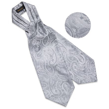 Silver Paisley Silk Cravat Woven Ascot Tie Pocket Square Handkerchief Suit Set