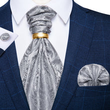 Silver Paisley Silk Cravat Woven Ascot Tie Pocket Square Cufflinks With Tie Ring Set
