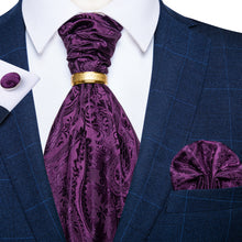 Purple Paisley Silk Cravat Woven Ascot Tie Pocket Square Cufflinks With Tie Ring Set