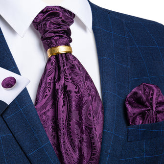 Purple Paisley Silk Cravat Woven Ascot Tie Pocket Square Cufflinks With Tie Ring Set