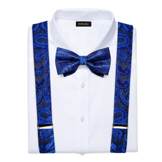 Blue Floral Brace Clip-on Men's Suspender with Bow Tie Set