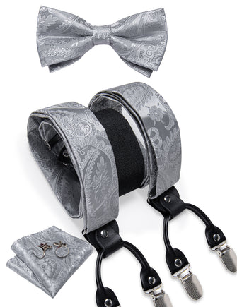 Silver Grey Paisley Brace Clip-on Men's Suspender with Bow Tie Set