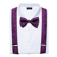 Purple Red Floral Brace Clip-on Men's Suspender with Bow Tie Set