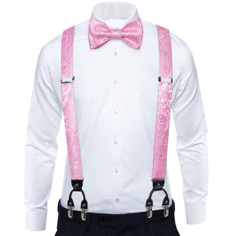 Pink Floral Brace Clip-on Men's Suspender with Bow Tie Set